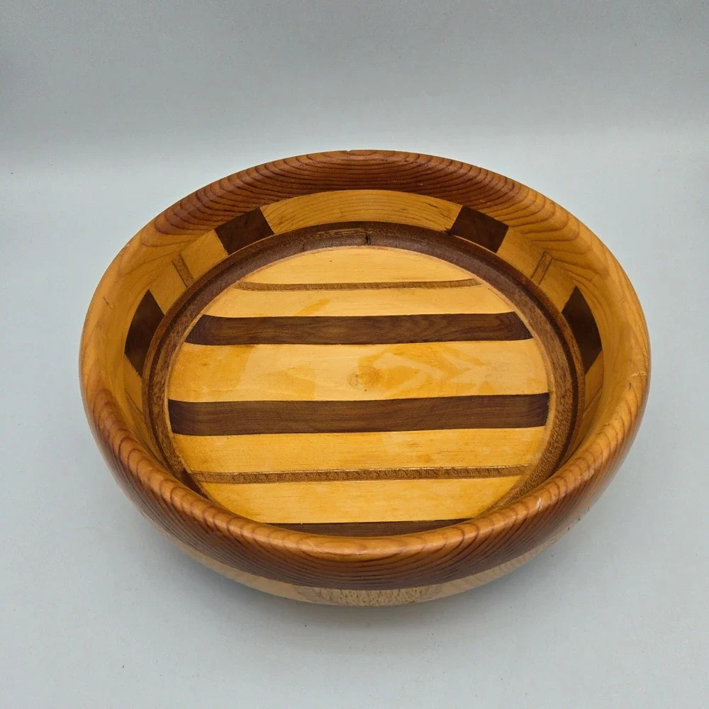 Vintage Patchwork Two-Toned Serving Wood Bowl Artisan Signed Lester Piper 1988